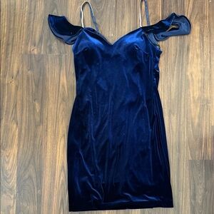 Navy Velvet Off-Shoulder Slip Dress